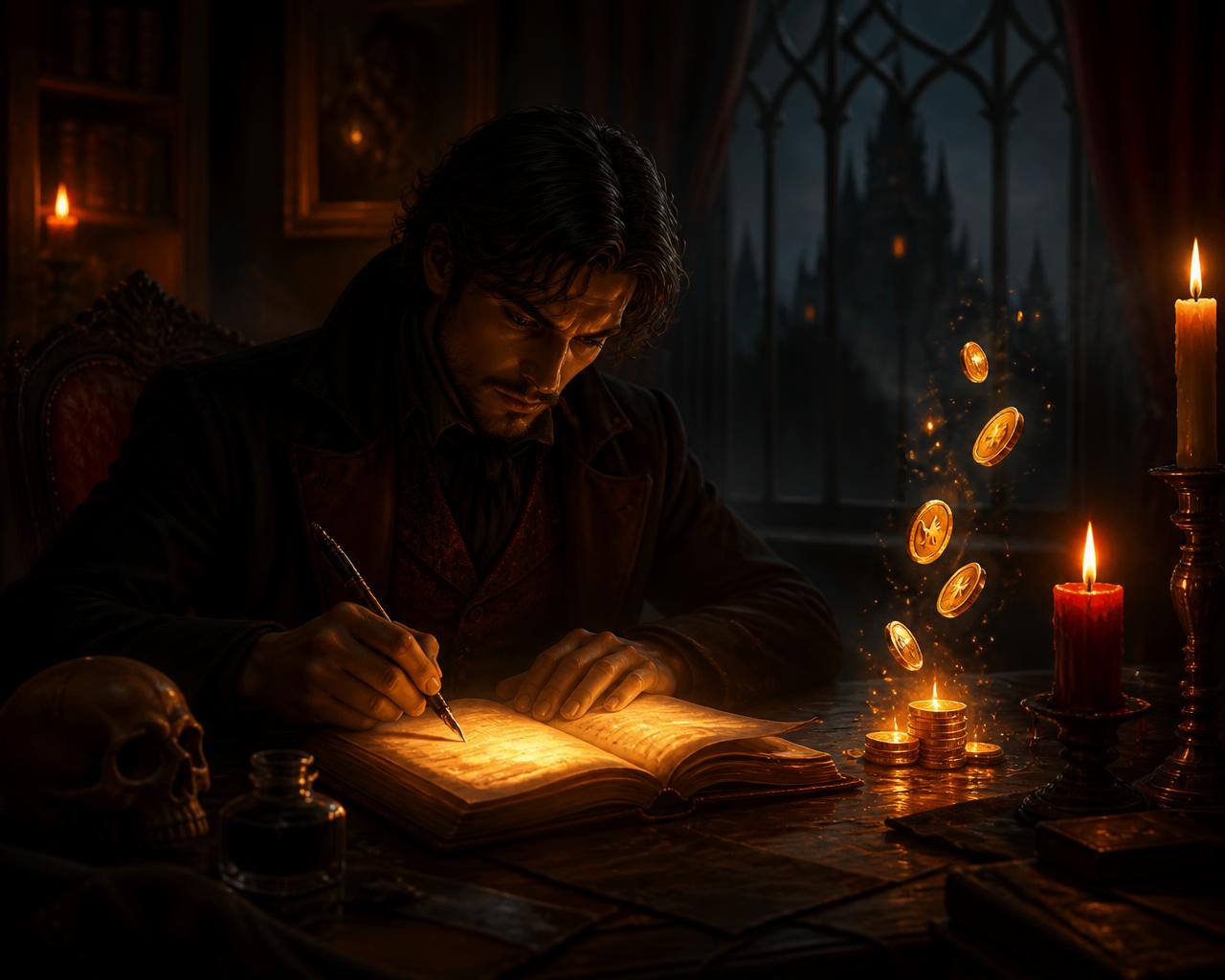 A writer developing an original horror story at a focused writing desk